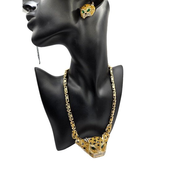 Vintage Golden Leopard necklace and pierced earrings set Emerald Green eyes 20" - Picture 9 of 10